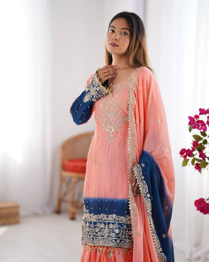 Peach Embroidered Salwar Kameez With Navy Accents