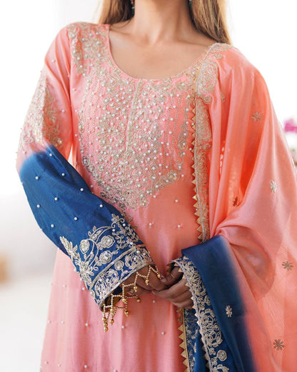 Peach Embroidered Salwar Kameez With Navy Accents