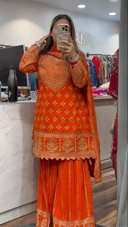 Designer Party Wear Top, Sharara Palazzo and Dupatta