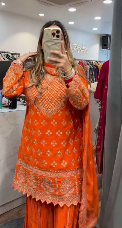 Designer Party Wear Top, Sharara Palazzo and Dupatta