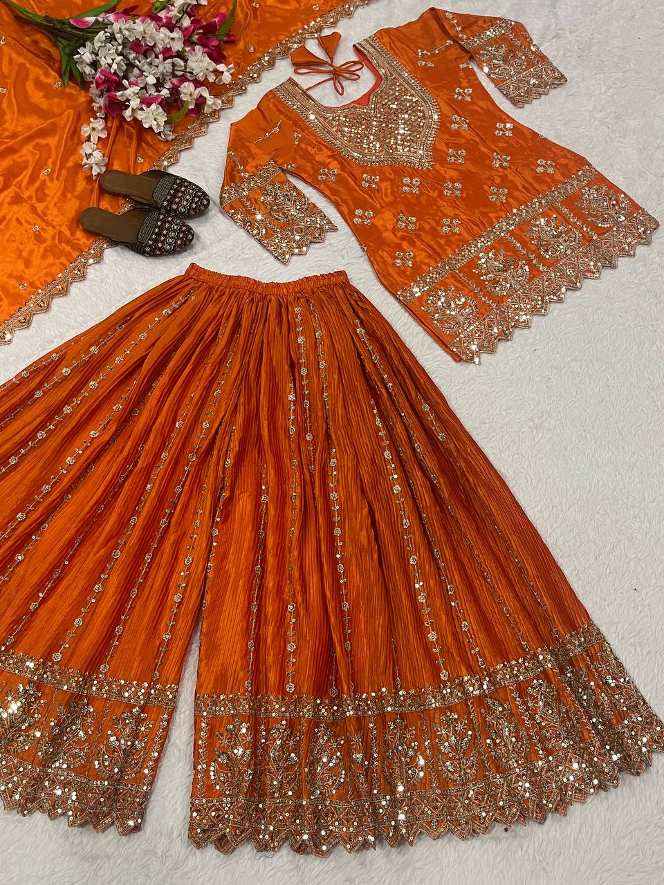 Designer Party Wear Top, Sharara Palazzo and Dupatta