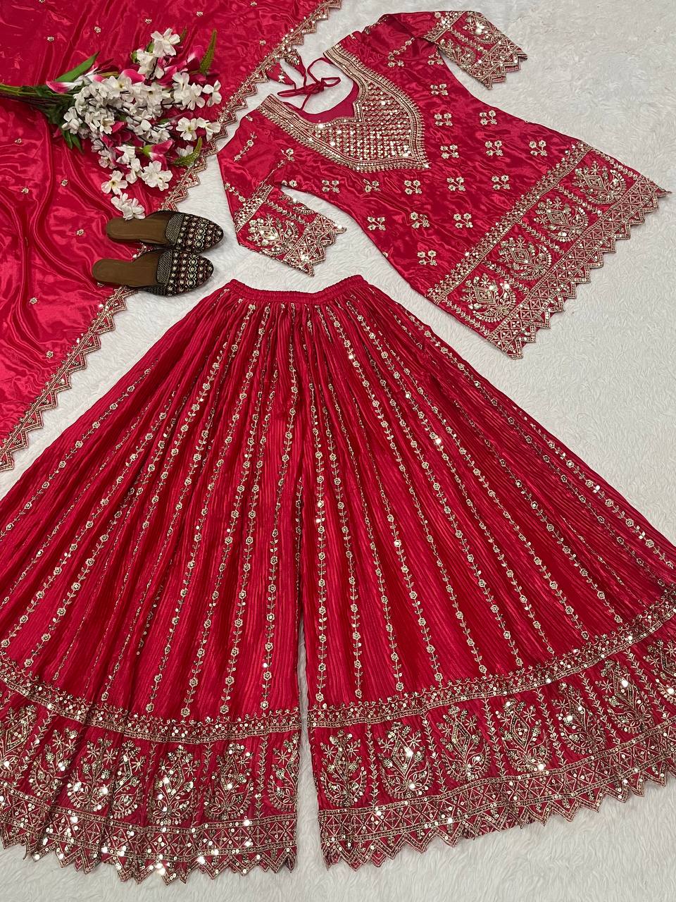 Designer Party Wear Top, Sharara Palazzo and Dupatta