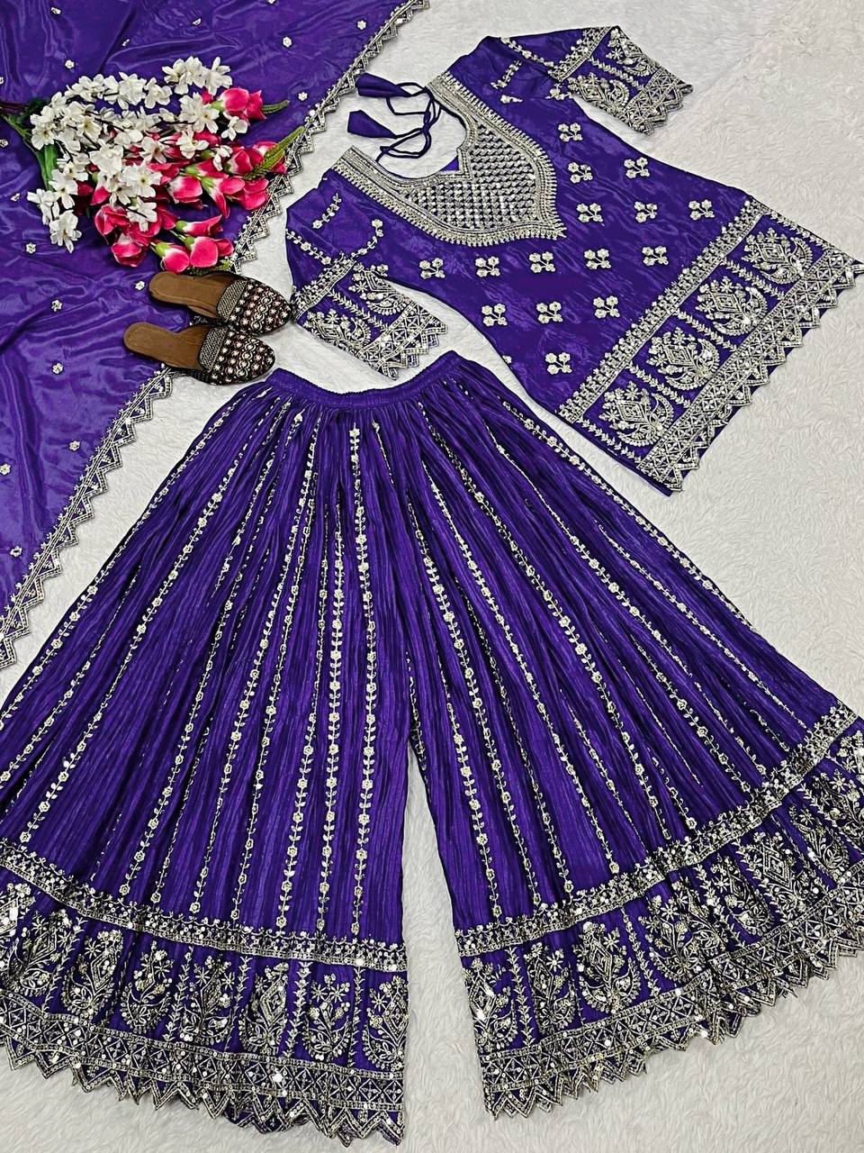 Designer Party Wear Top, Sharara Palazzo and Dupatta