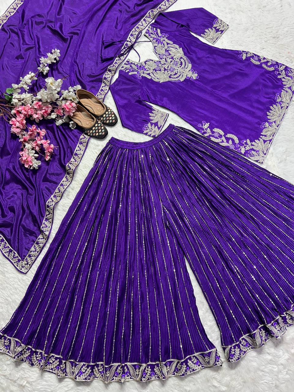 Pure Heavy Chinnon Silk with Heavy Embroidery Coding Sequence Work Suit