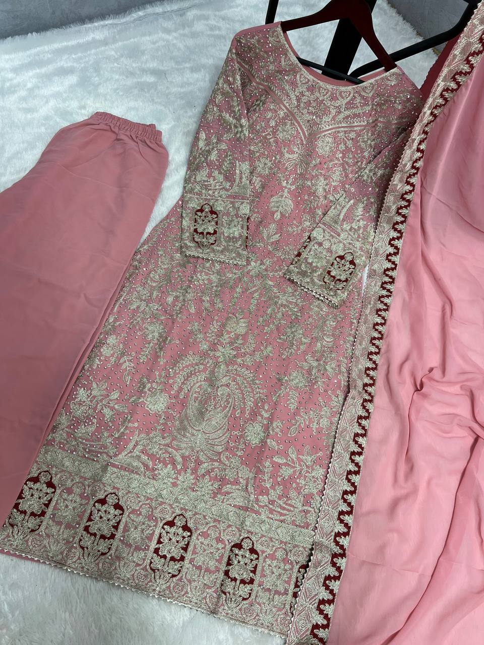 Presenting New Collection In Heavy Georgette Top-Plazzo And Dupatta Set Fully Stitched Ready To Wear
