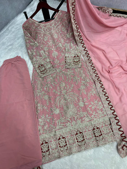 Presenting New Collection In Heavy Georgette Top-Plazzo And Dupatta Set Fully Stitched Ready To Wear