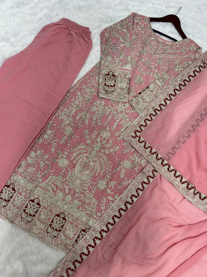 Presenting New Collection In Heavy Georgette Top-Plazzo And Dupatta Set Fully Stitched Ready To Wear