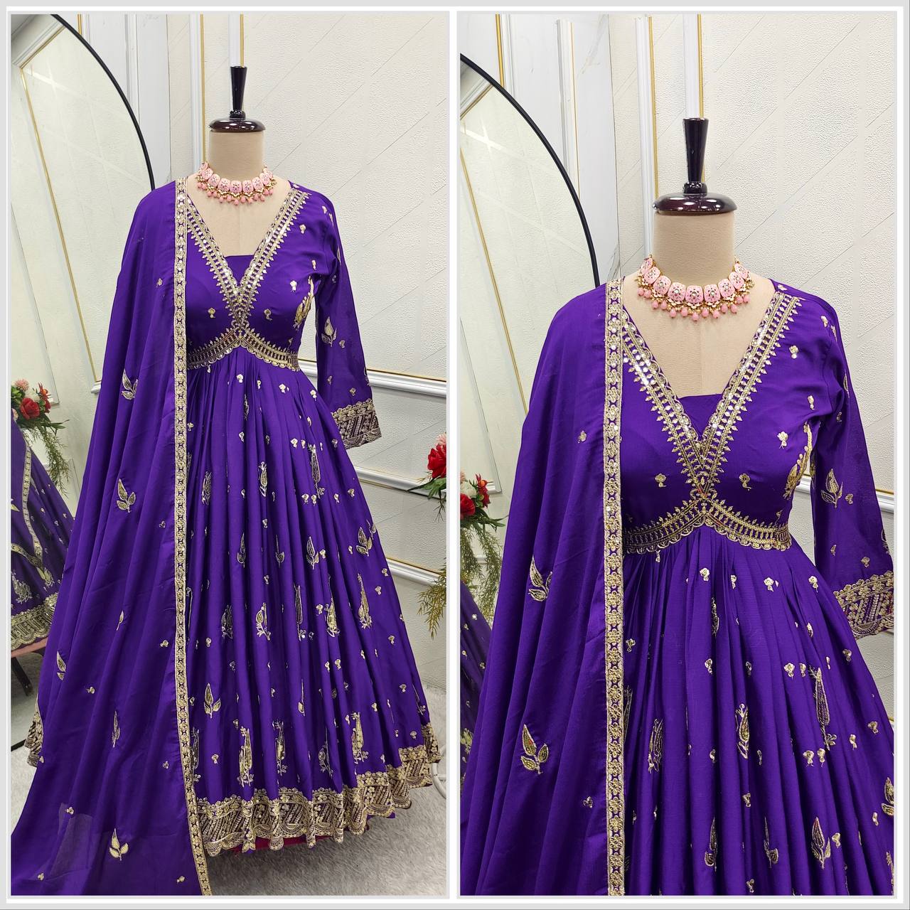 "Elegant Gwon Set: Pure Cinon Silk with Heavy Embroidery, Fully Stitched & Ready to Wear"