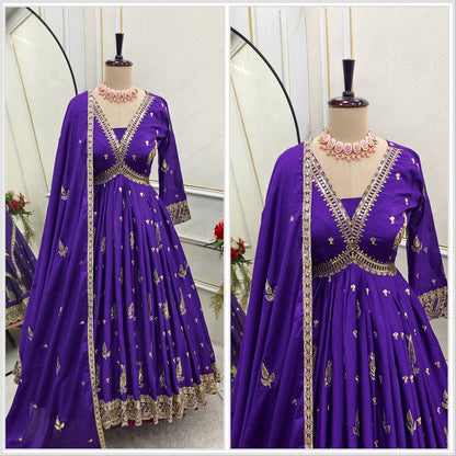 "Elegant Gwon Set: Pure Cinon Silk with Heavy Embroidery, Fully Stitched & Ready to Wear"