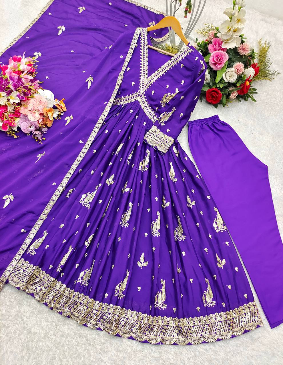 "Elegant Gwon Set: Pure Cinon Silk with Heavy Embroidery, Fully Stitched & Ready to Wear"
