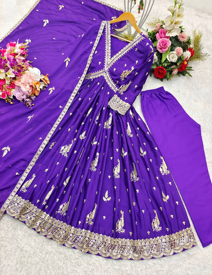 "Elegant Gwon Set: Pure Cinon Silk with Heavy Embroidery, Fully Stitched & Ready to Wear"