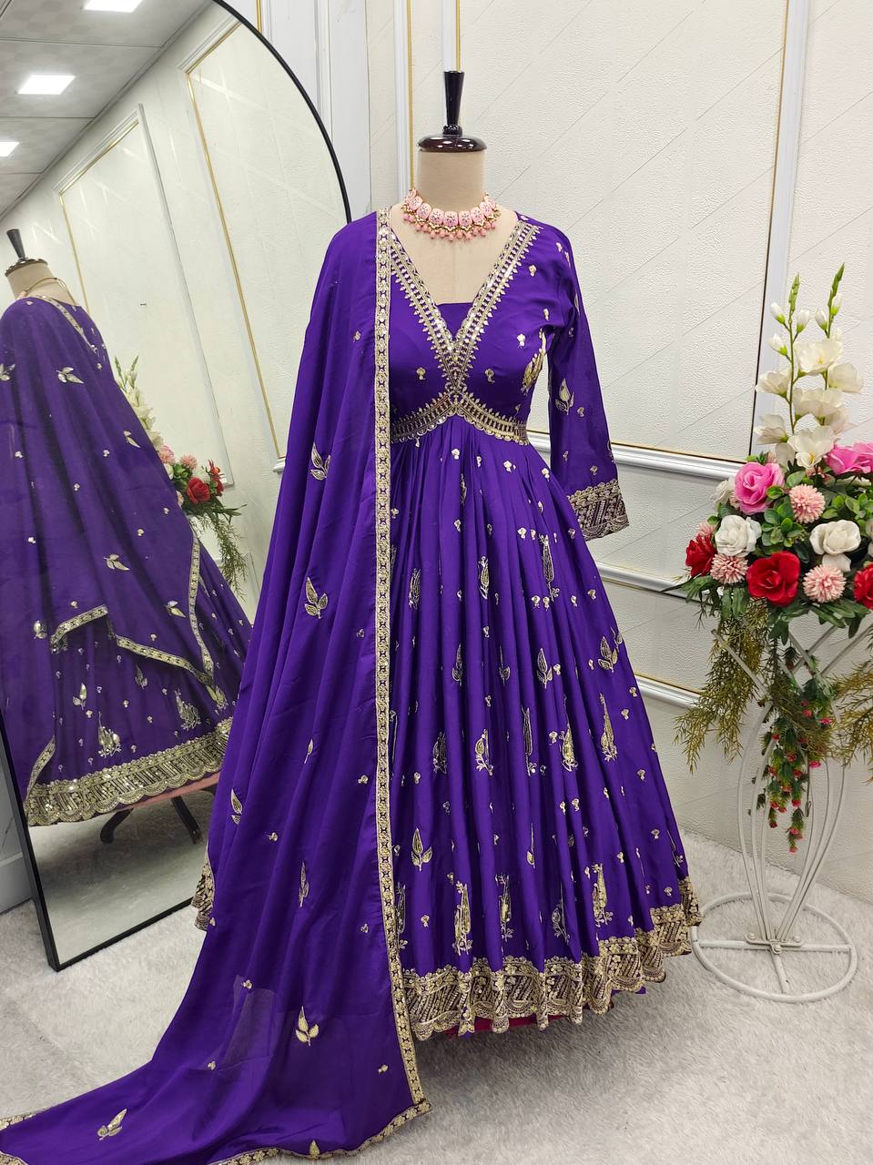 "Elegant Gwon Set: Pure Cinon Silk with Heavy Embroidery, Fully Stitched & Ready to Wear"