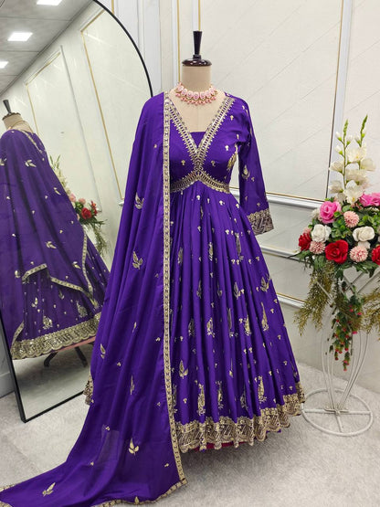 "Elegant Gwon Set: Pure Cinon Silk with Heavy Embroidery, Fully Stitched & Ready to Wear"