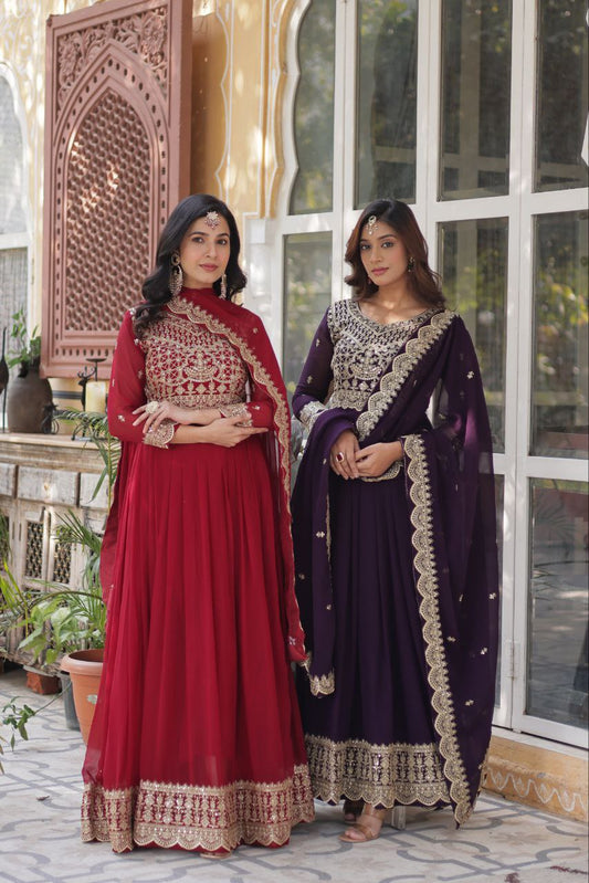 Elegant Faux Blooming Gown Set with Sequins and Lace Dupatta