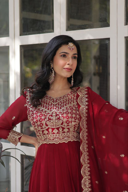 Elegant Faux Blooming Gown Set with Sequins and Lace Dupatta