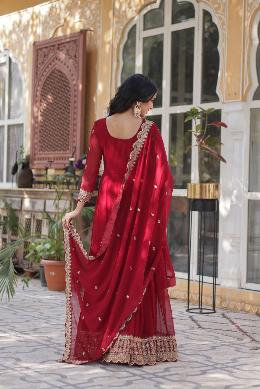Elegant Faux Blooming Gown Set with Sequins and Lace Dupatta