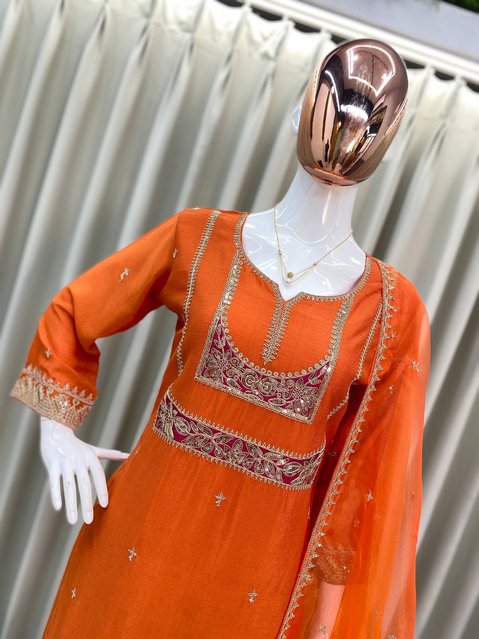 Elegant Embroidered Air Tex Chinon Set with Organza Dupatta