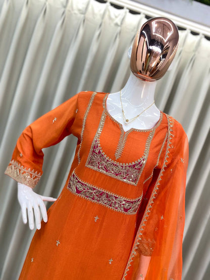 Elegant Embroidered Air Tex Chinon Set with Organza Dupatta