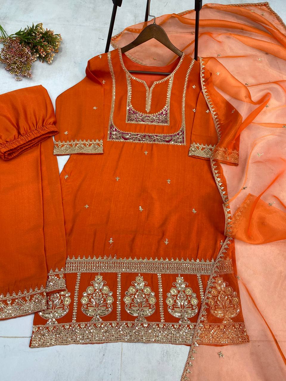 Elegant Embroidered Air Tex Chinon Set with Organza Dupatta