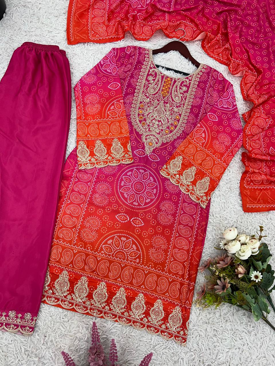 Festival wear natural crepe silk kurta pant with dupatta sets