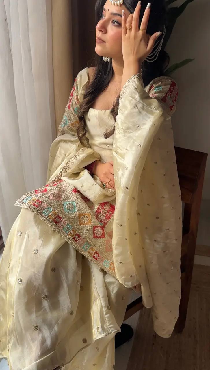 Presenting New  Heavy Embroidery Sequence Work Top-Gharara And Dupatta Set Fully Stitched Ready To Wear Collection