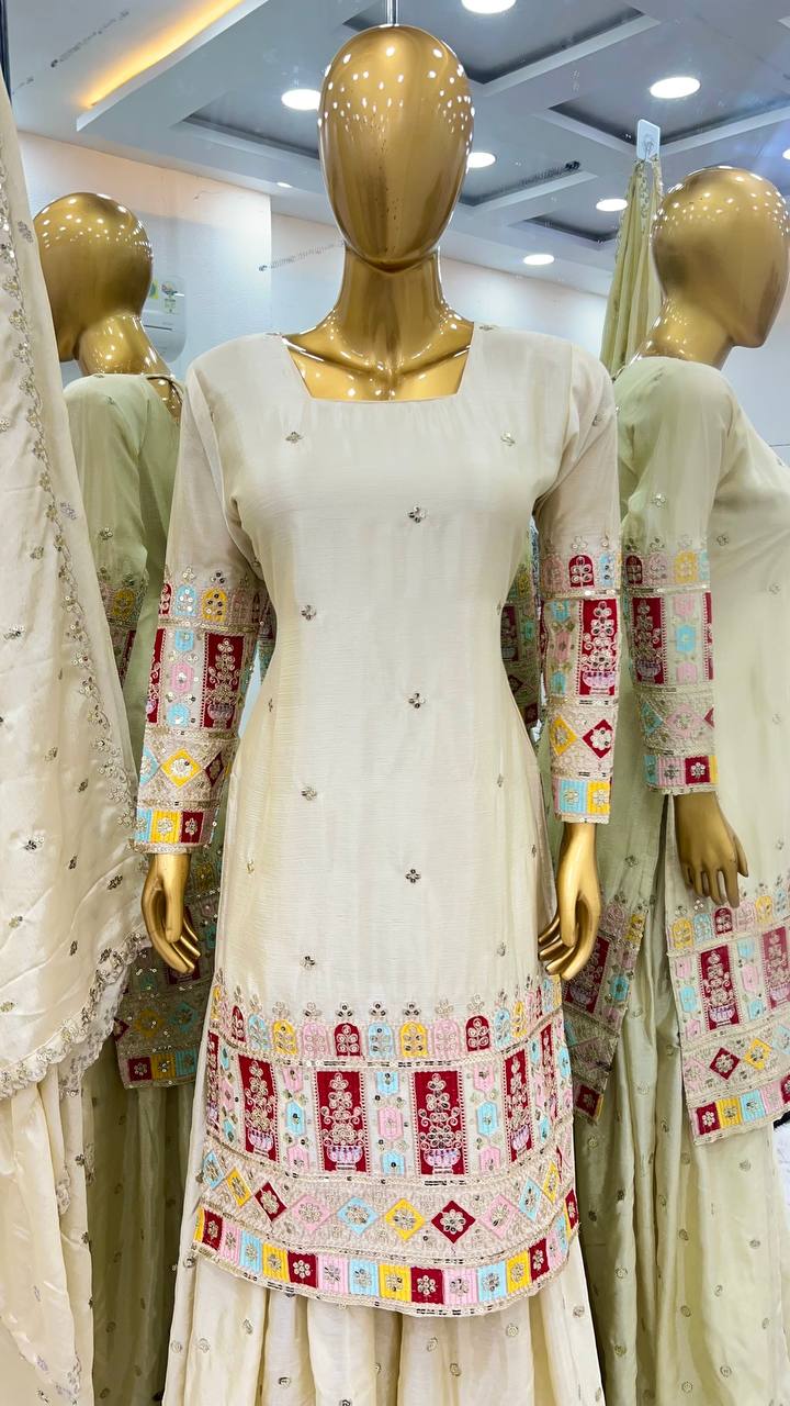 Presenting New  Heavy Embroidery Sequence Work Top-Gharara And Dupatta Set Fully Stitched Ready To Wear Collection