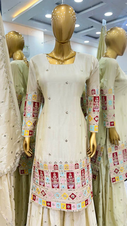 Presenting New  Heavy Embroidery Sequence Work Top-Gharara And Dupatta Set Fully Stitched Ready To Wear Collection