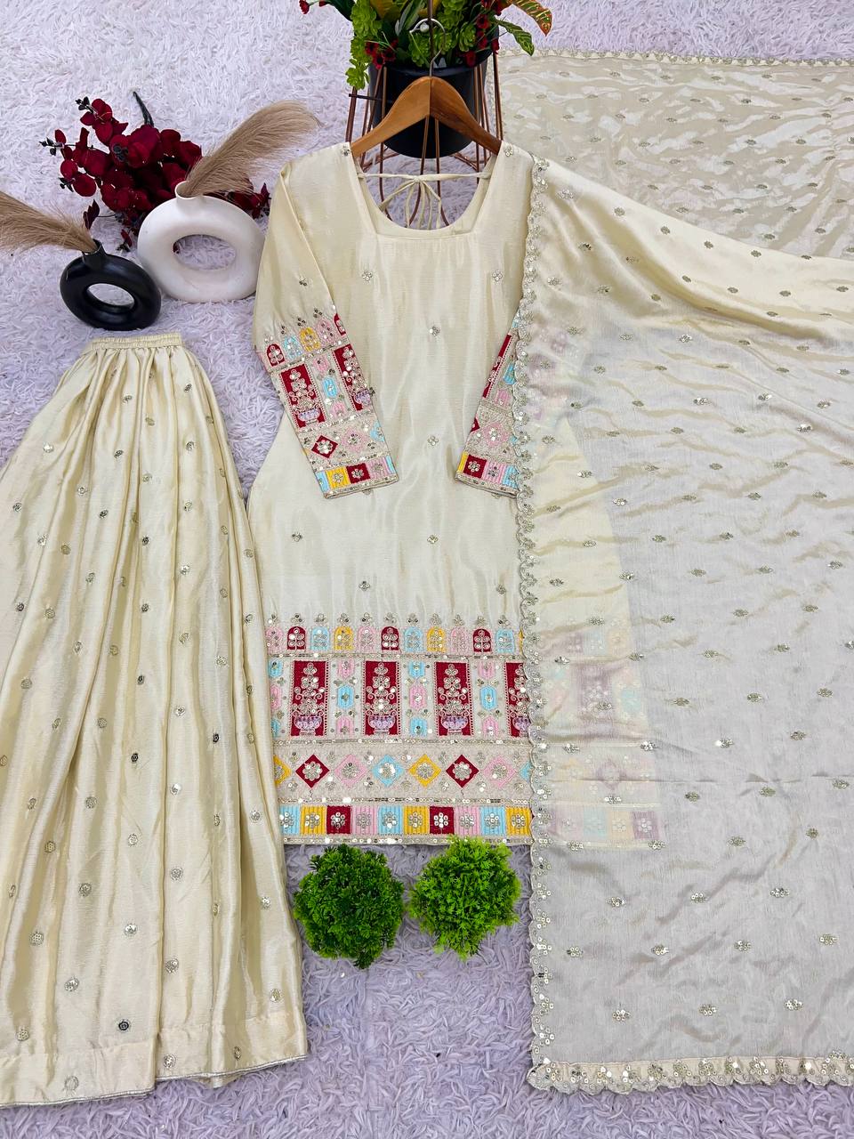 Presenting New  Heavy Embroidery Sequence Work Top-Gharara And Dupatta Set Fully Stitched Ready To Wear Collection