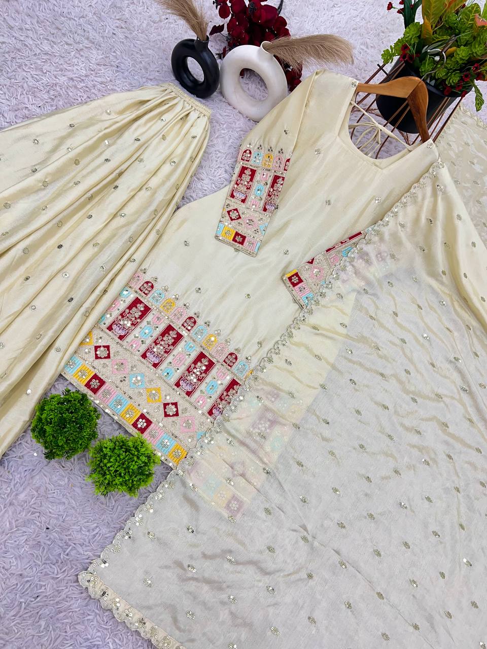 Presenting New  Heavy Embroidery Sequence Work Top-Gharara And Dupatta Set Fully Stitched Ready To Wear Collection