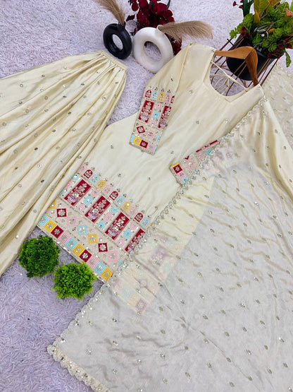 Presenting New  Heavy Embroidery Sequence Work Top-Gharara And Dupatta Set Fully Stitched Ready To Wear Collection