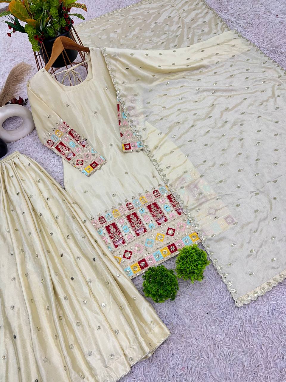 Presenting New  Heavy Embroidery Sequence Work Top-Gharara And Dupatta Set Fully Stitched Ready To Wear Collection