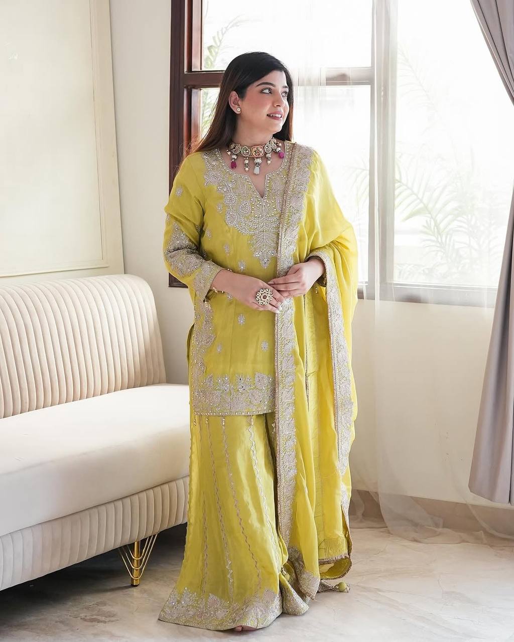 New  Heavy Embroidery Sequence Work Top-Gharara And Dupatta Set Fully Stitched Ready To Wear Collection