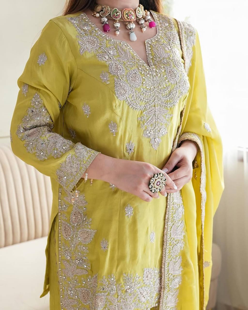 New  Heavy Embroidery Sequence Work Top-Gharara And Dupatta Set Fully Stitched Ready To Wear Collection