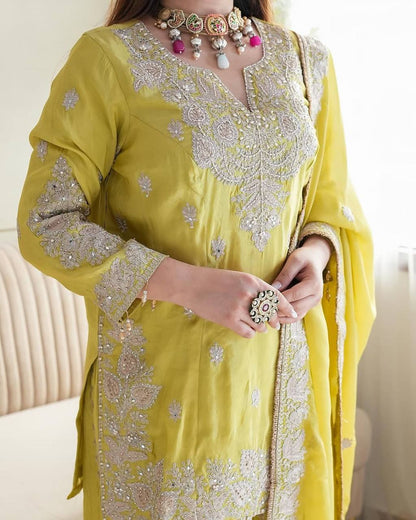 New  Heavy Embroidery Sequence Work Top-Gharara And Dupatta Set Fully Stitched Ready To Wear Collection
