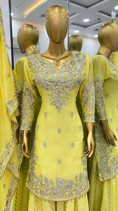 New  Heavy Embroidery Sequence Work Top-Gharara And Dupatta Set Fully Stitched Ready To Wear Collection