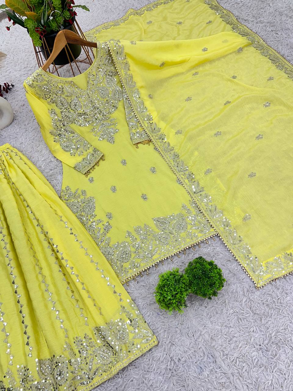 New  Heavy Embroidery Sequence Work Top-Gharara And Dupatta Set Fully Stitched Ready To Wear Collection