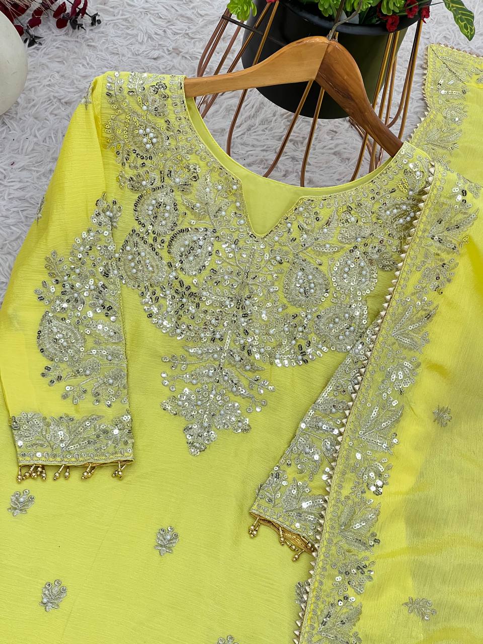 New  Heavy Embroidery Sequence Work Top-Gharara And Dupatta Set Fully Stitched Ready To Wear Collection