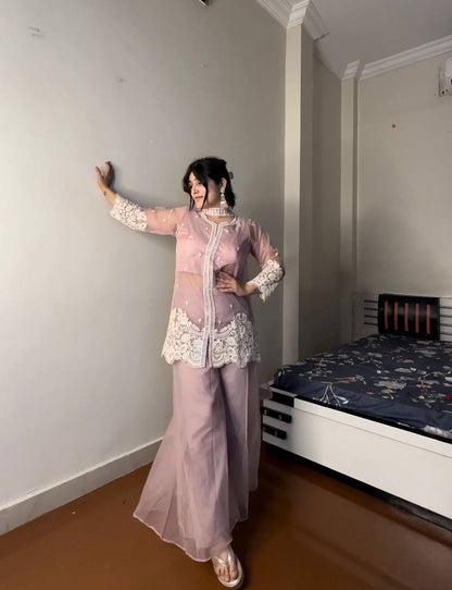 "Elegant Soft Organza Sequence Embroidery Set with Blouse, Top, Palazzo, and Dupatta"