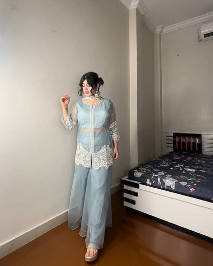"Elegant Soft Organza Sequence Embroidery Set with Blouse, Top, Palazzo, and Dupatta"
