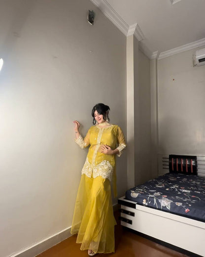 "Elegant Soft Organza Sequence Embroidery Set with Blouse, Top, Palazzo, and Dupatta"