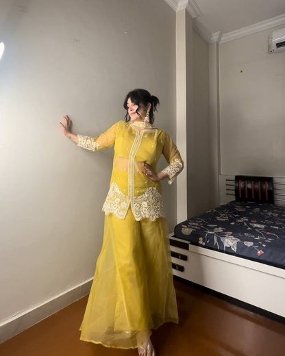 "Elegant Soft Organza Sequence Embroidery Set with Blouse, Top, Palazzo, and Dupatta"