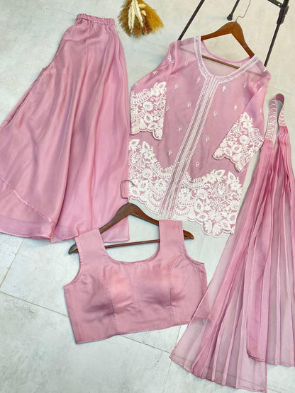 "Elegant Soft Organza Sequence Embroidery Set with Blouse, Top, Palazzo, and Dupatta"