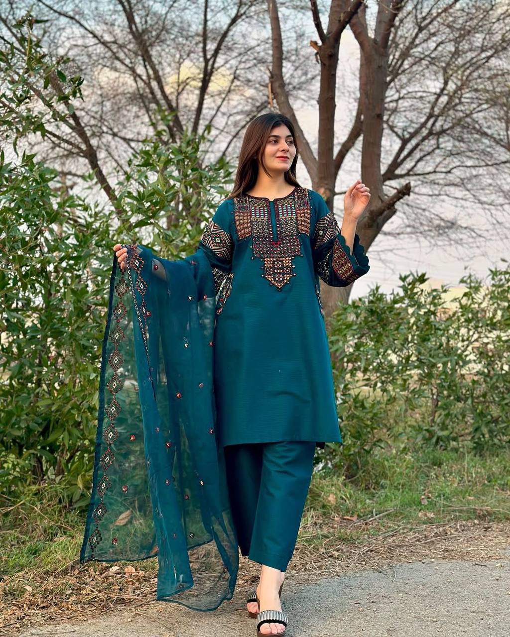 Elegant Roman Silk Sequin Embroidered Suit Set