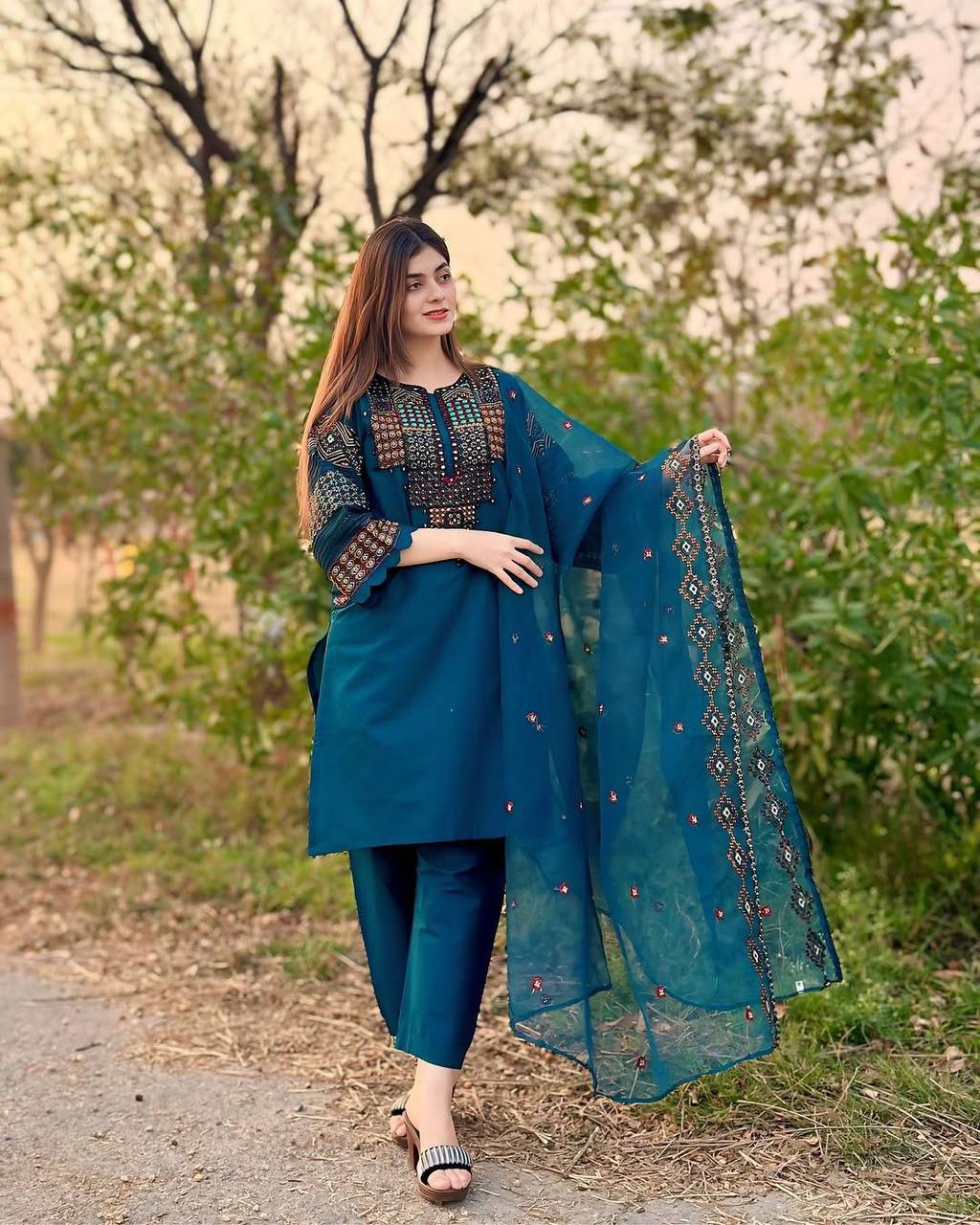 Elegant Roman Silk Sequin Embroidered Suit Set