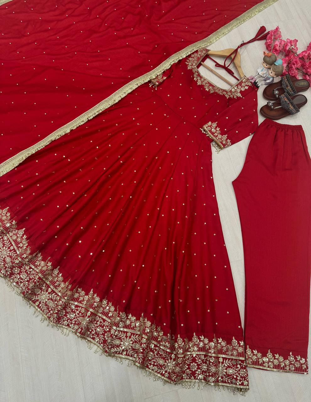"Luxury Anarkali Gown Set with Vichitra Silk, Embroidered Sequence, Plazzo, and Designer Dupatta"