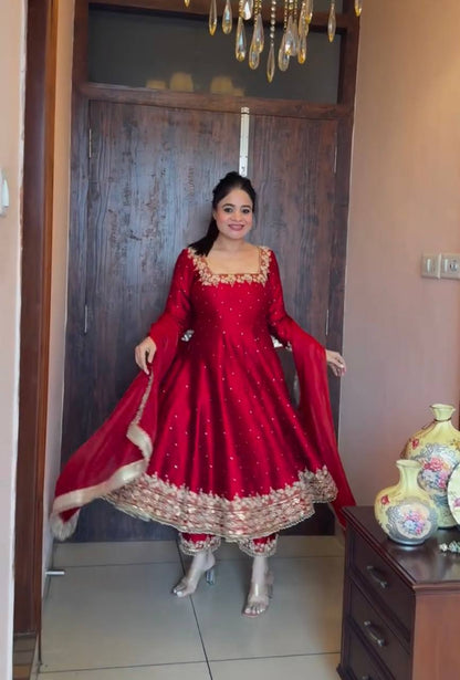 "Luxury Anarkali Gown Set with Vichitra Silk, Embroidered Sequence, Plazzo, and Designer Dupatta"