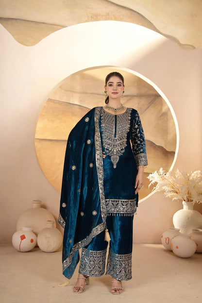 "Luxurious Heavy Viscose Velvet Suit Set with Intricate Embroidery & Full Sleeve Detailing"