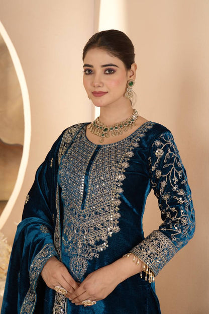 "Luxurious Heavy Viscose Velvet Suit Set with Intricate Embroidery & Full Sleeve Detailing"