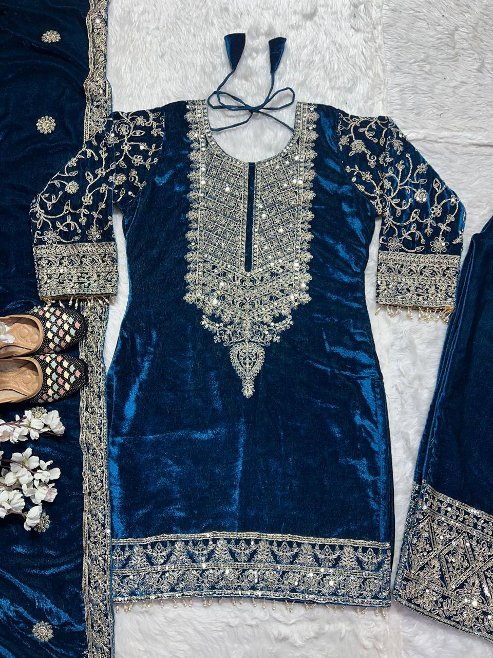"Luxurious Heavy Viscose Velvet Suit Set with Intricate Embroidery & Full Sleeve Detailing"
