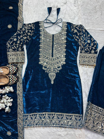 "Luxurious Heavy Viscose Velvet Suit Set with Intricate Embroidery & Full Sleeve Detailing"